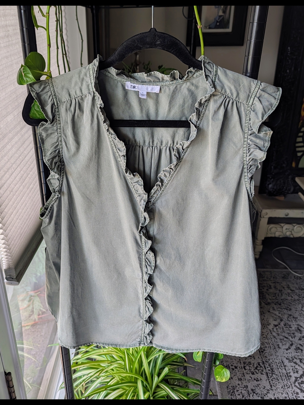 DR2 Sage Ruffle Trim Sleeveless Cotton Top - SZ L